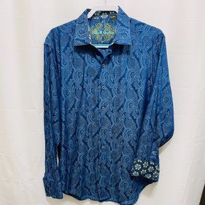 Robert Graham Men’s Flip Cuff Shirt, Sz L, Paisley, Blues, Classic Fit  PEM22